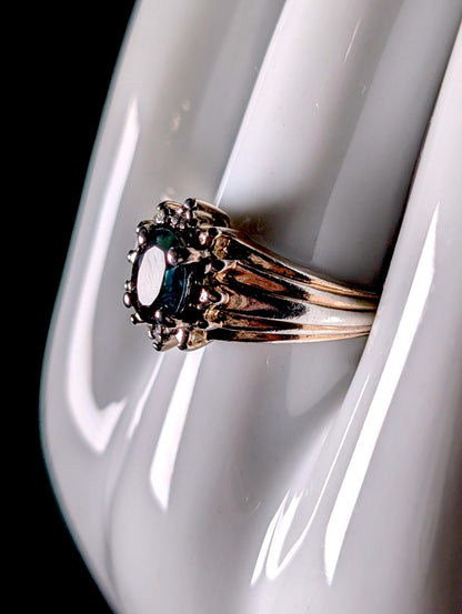 Vintage Genuine Sapphire and Diamond Accented Halo Antique Finish Gold over Sterling Ring