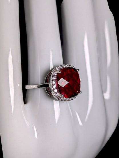 Vintage Inspired Cushion Cut Simulated Ruby Solitaire and Diamond Halo Sterling Silver Ring