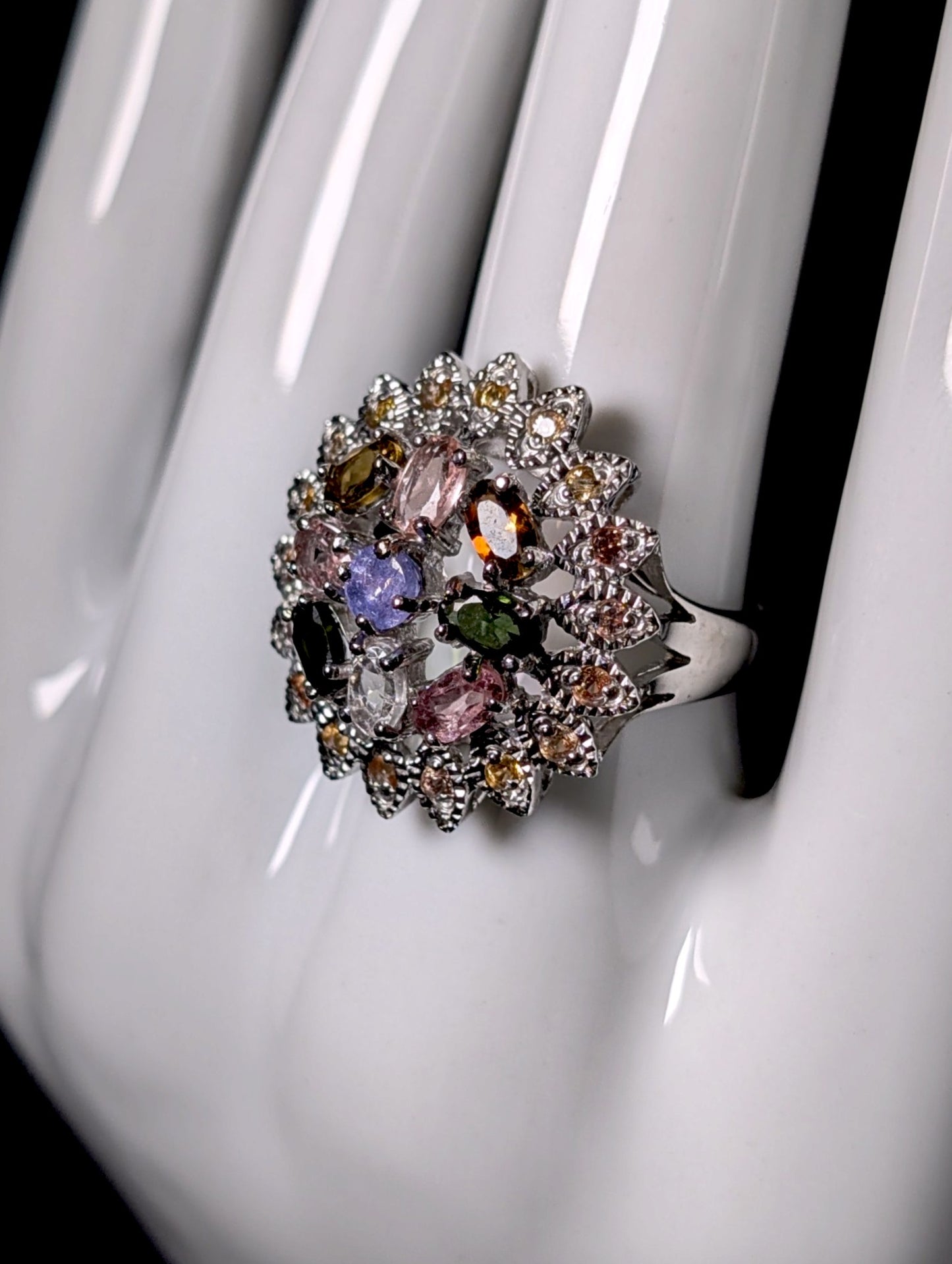 Vintage Genuine Tourmaline, Sapphire and Tanzanite Cluster Sterling Cocktail Ring