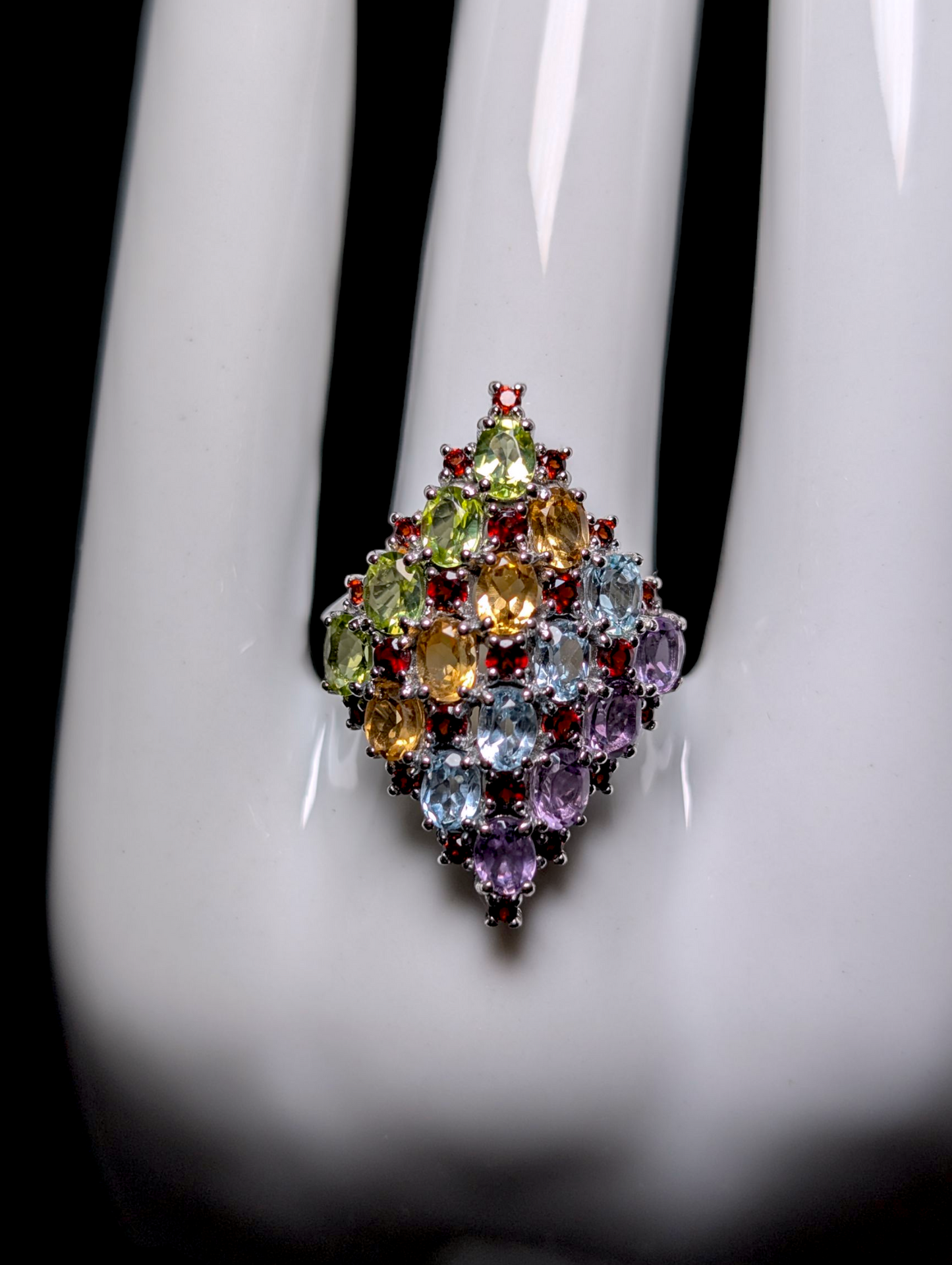 Vintage Fruit Salad Cocktail Genuine Amethyst, Topaz, Citrine, Peridot, Garnet Sterling Silver Ring