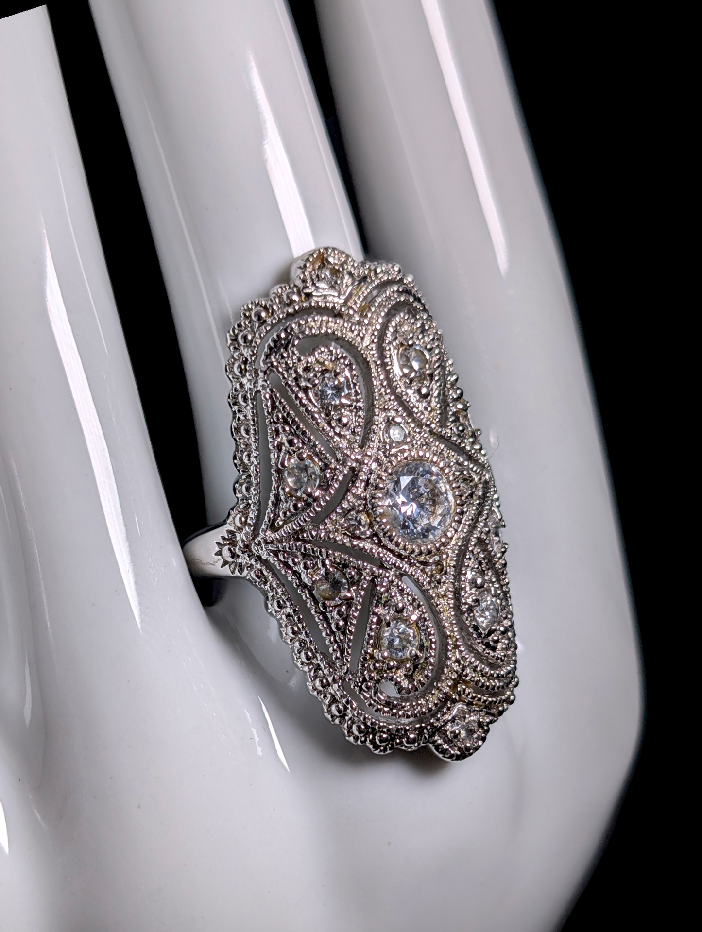 Vintage Edwardian Inspired Dazzling Simulated Diamond Sterling Silver Statement Ring