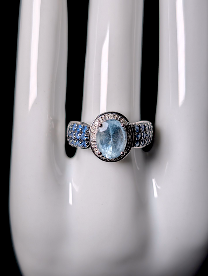 Vintage 10k White Gold Genuine Aquamarine Oval Cut Solitaire with Blue Sapphire Accent Stones and Diamond Accented Halo Ring