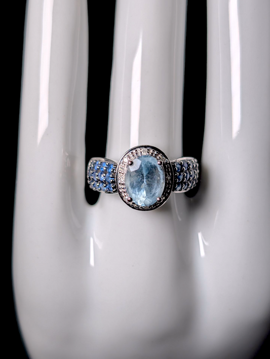 Vintage 10k White Gold Genuine Aquamarine Oval Cut Solitaire with Blue Sapphire Accent Stones and Diamond Accented Halo Ring