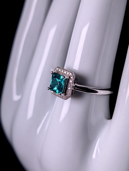 Vintage Inspired Princess Cut Simulated Topaz Solitaire and Diamond Halo Sterling Silver Ring