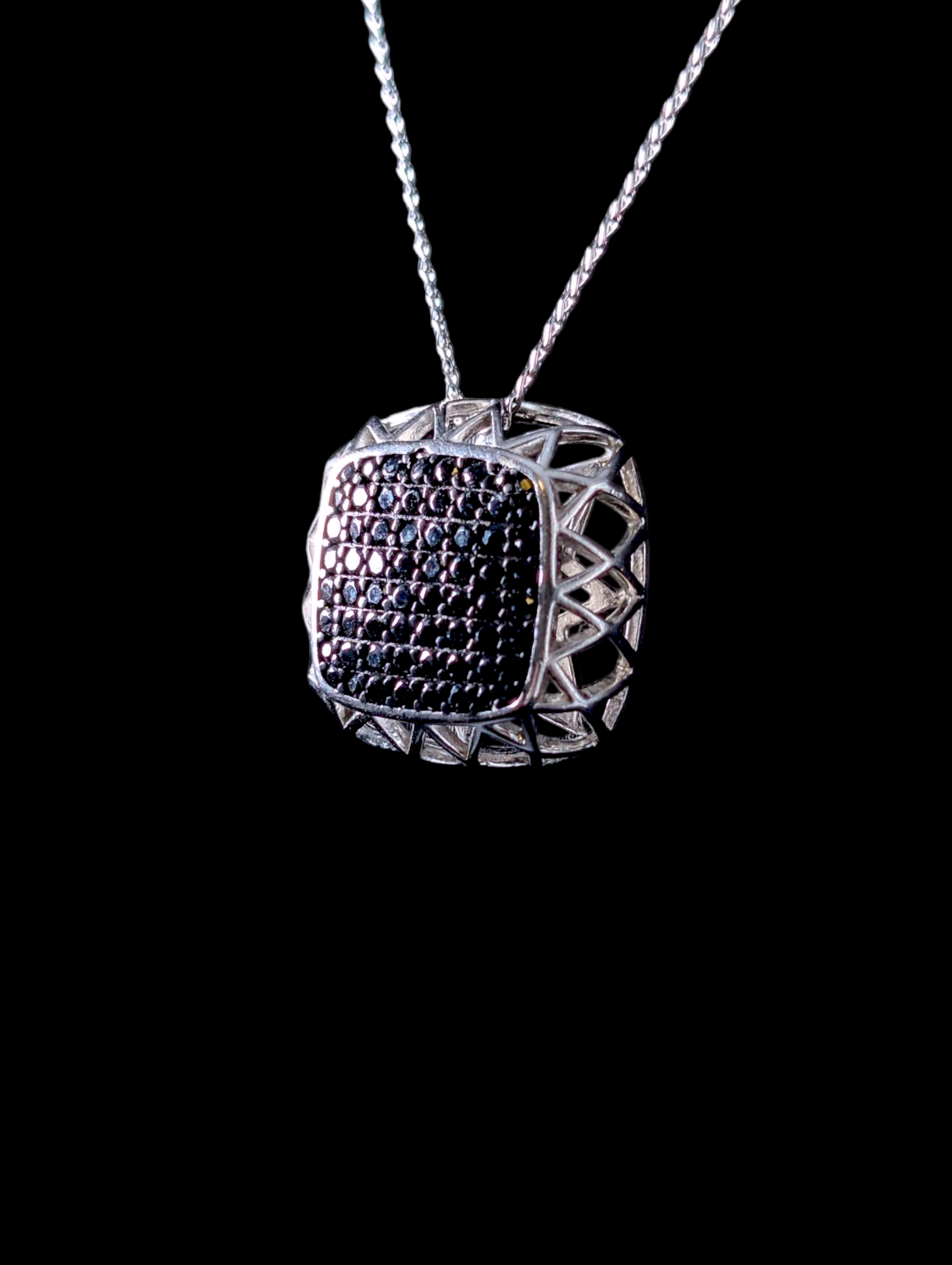 Vintage Cushion Cluster Genuine Black Onyx Sterling Silver Pendant