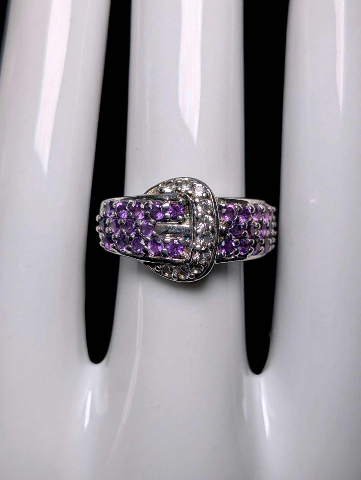 Vintage Genuine Amethyst and White Sapphire Belt Sterling Silver Ring