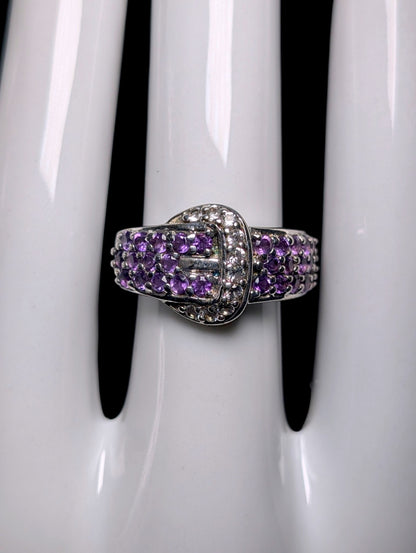 Vintage Genuine Amethyst and White Sapphire Belt Sterling Silver Ring