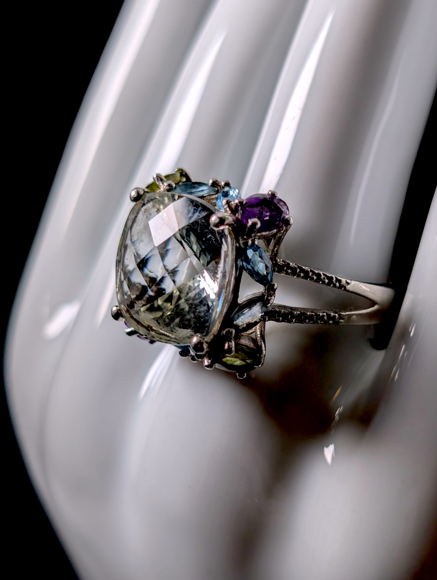 Vintage Multi-Gemstone 9 Carat Solitaire Genuine Prasiolite, Topaz, Amethyst and Peridot Sterling Silver Statement Ring