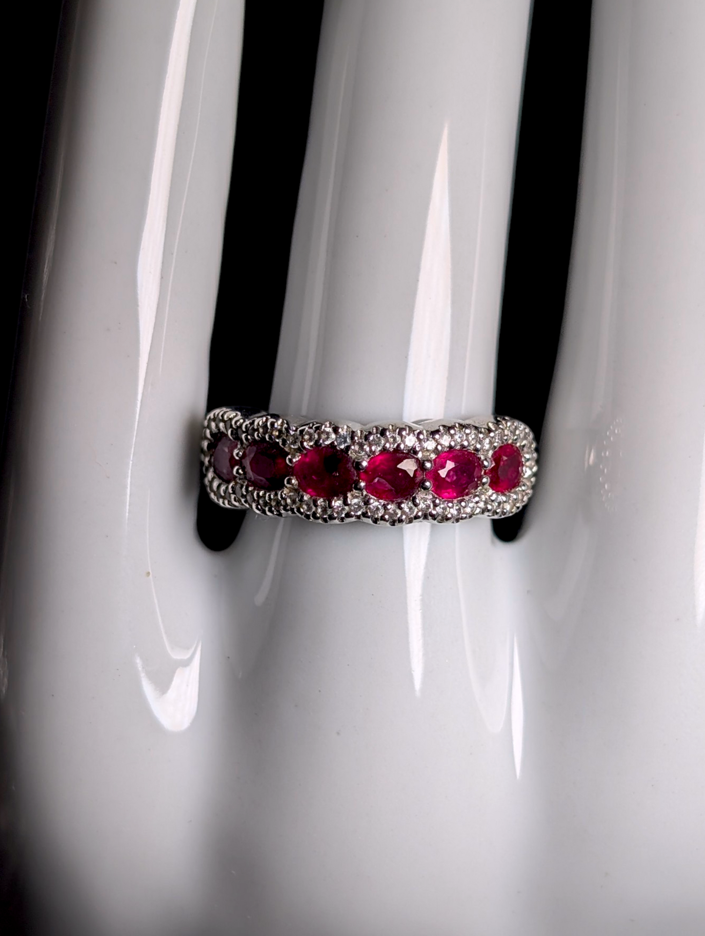 Vintage Oval Cut 6 Stone Genuine Red Ruby and White Zircon Accented Halo Sterling Silver Anniversary Band Ring