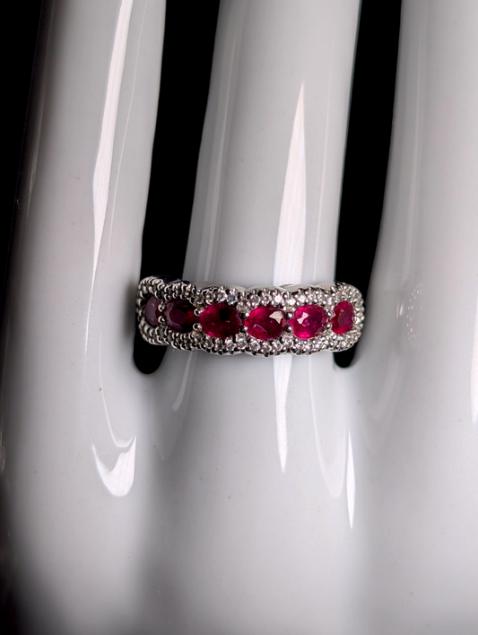Vintage Oval Cut 6 Stone Genuine Red Ruby and White Zircon Accented Halo Sterling Silver Anniversary Band Ring