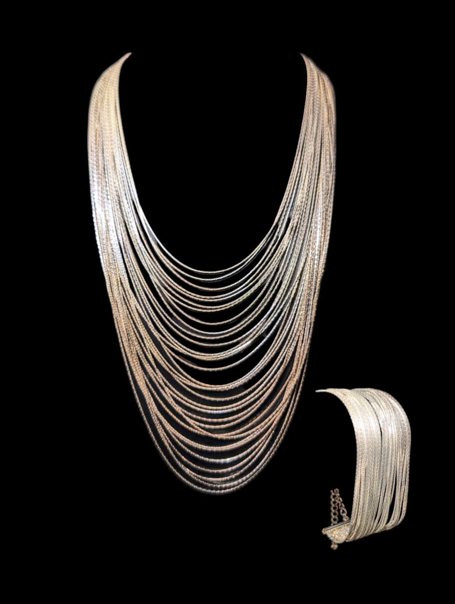 Vintage 2 Piece Set Liquid Silver Multi Strand Sterling Plated Necklace and Bracelet