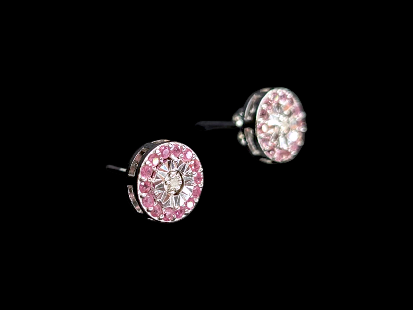 Vintage Round Genuine Pink Sapphire and Diamond Sterling Silver Post Earrings