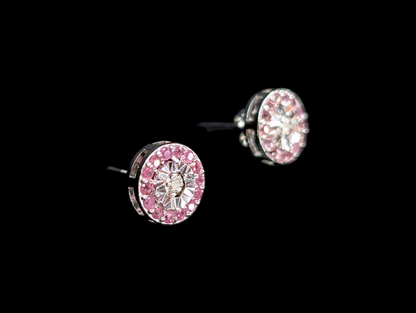 Vintage Round Genuine Pink Sapphire and Diamond Sterling Silver Post Earrings