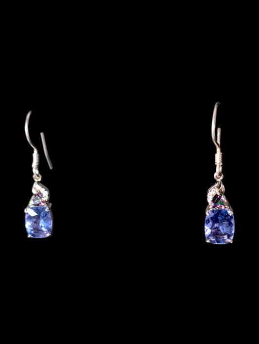 Vintage 5+ Carat Cushion Cut Genuine Tanzanite and Mystic Topaz with White Topaz Accents Sterling Silver Earrings