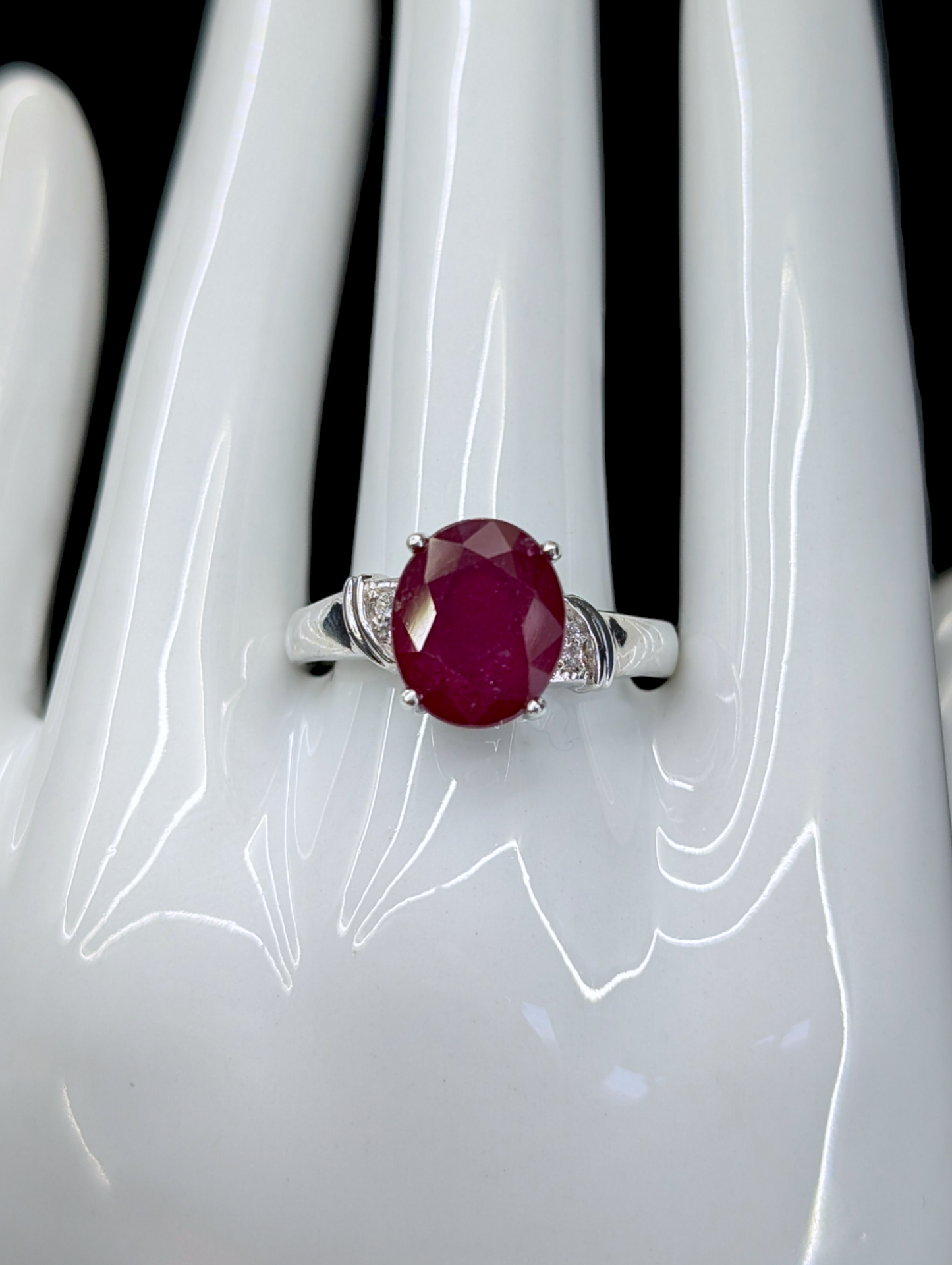 Vintage Large Oval Cut 5 Carat Genuine Ruby Solitaire and Genuine White Topaz Sterling Silver Ring