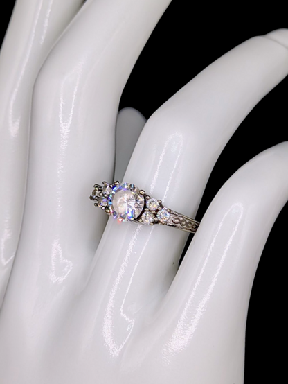 Vintage Round Brilliant Cut Simulated Diamond Solitaire with Triple Accent Stones Sterling Silver Vacation Ring