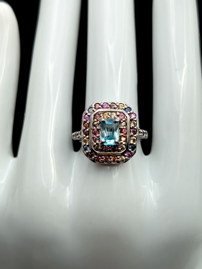 Vintage Radiant Cut Genuine Cambodian Blue Zircon and Fancy Sapphire Double Halo Sterling Silver Ring