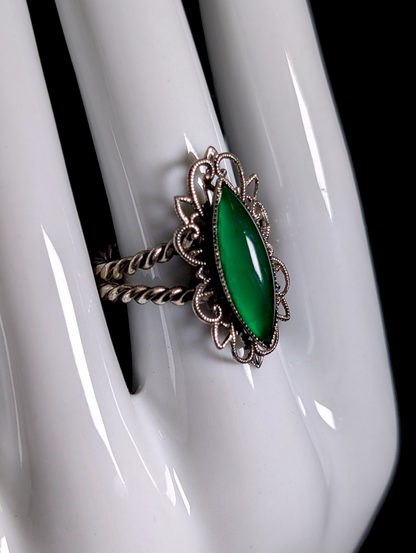 Vintage West Germany Green Solitaire Filigree Rope Silver Toned Adjustable Costume Statement Ring