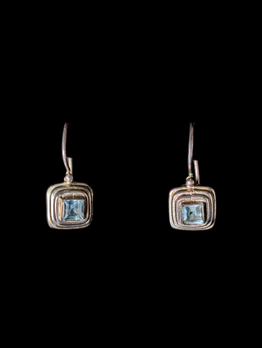 Vintage Princess Cut Genuine Sky Blue Topaz Sterling Silver Dangle Earrings
