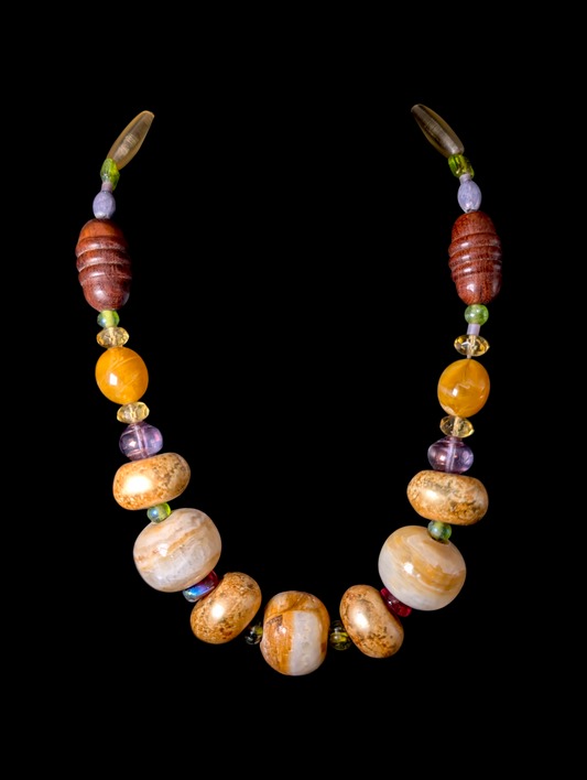 Vintage Inspired Teresa Goodall Chunky Graduating Gemstone and Carved Wood Bead Necklace