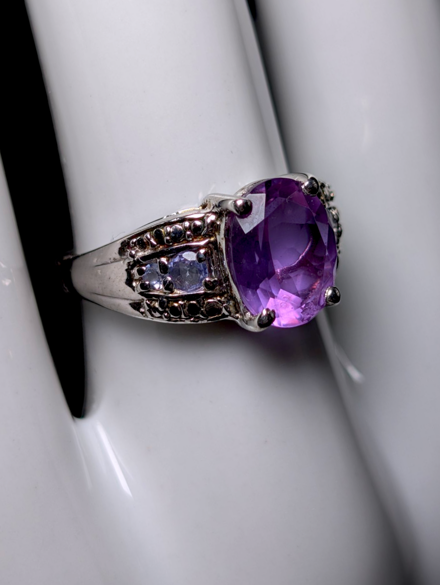 Vintage Oval Cut Genuine Purple Fluorite Solitaire with Tanzanite Accent Stones Sterling Silver Ring