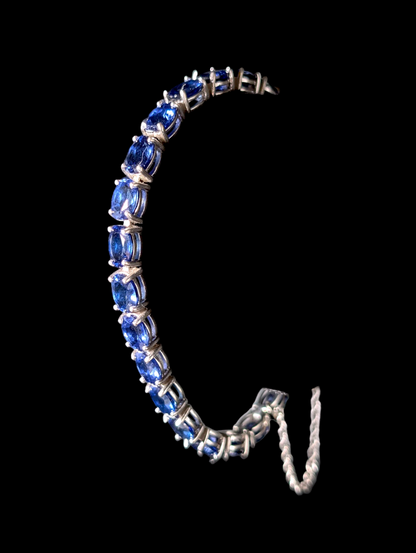 Vintage Inspired 18+ Carat Oval Cut Genuine Sapphire Sterling Silver Tennis Bracelet with 14k White Gold Safety Chain