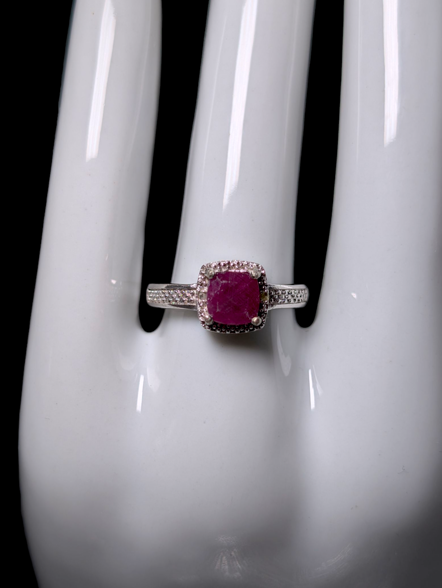 Vintage Earth Mined Cushion Cut Genuine Red Ruby Solitaire with Diamond Accented Halo Sterling Silver Ring