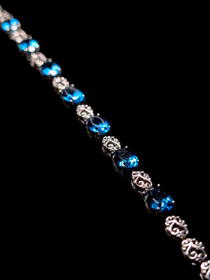 Vintage 8+ Carat Oval Cut Genuine London Blue Topaz Sterling Silver Tennis Bracelet