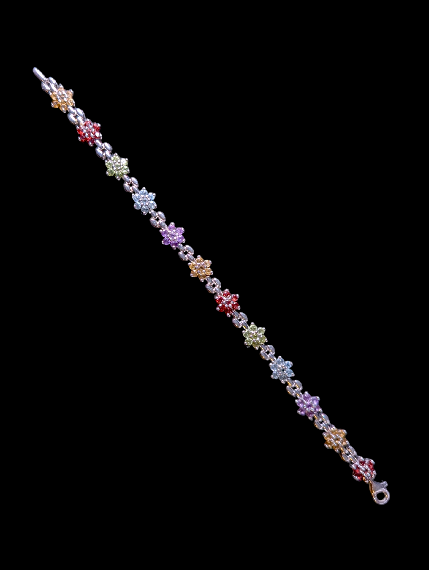 Vintage Flower Genuine Multi Gemstone Sterling Silver Tennis Bracelet