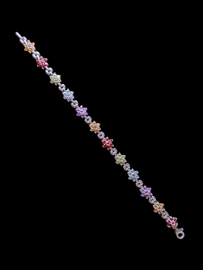 Vintage Flower Genuine Multi Gemstone Sterling Silver Tennis Bracelet