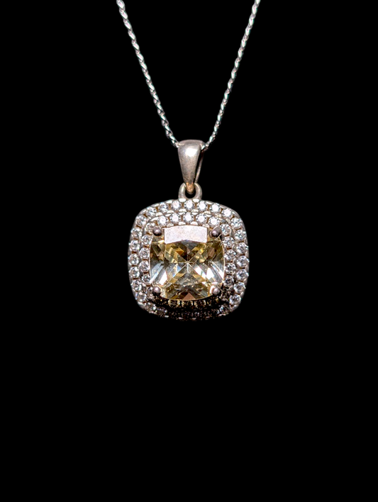 Vintage Cushion Cut Simulated Yellow Diamond Double Halo Sterling Silver Pendant
