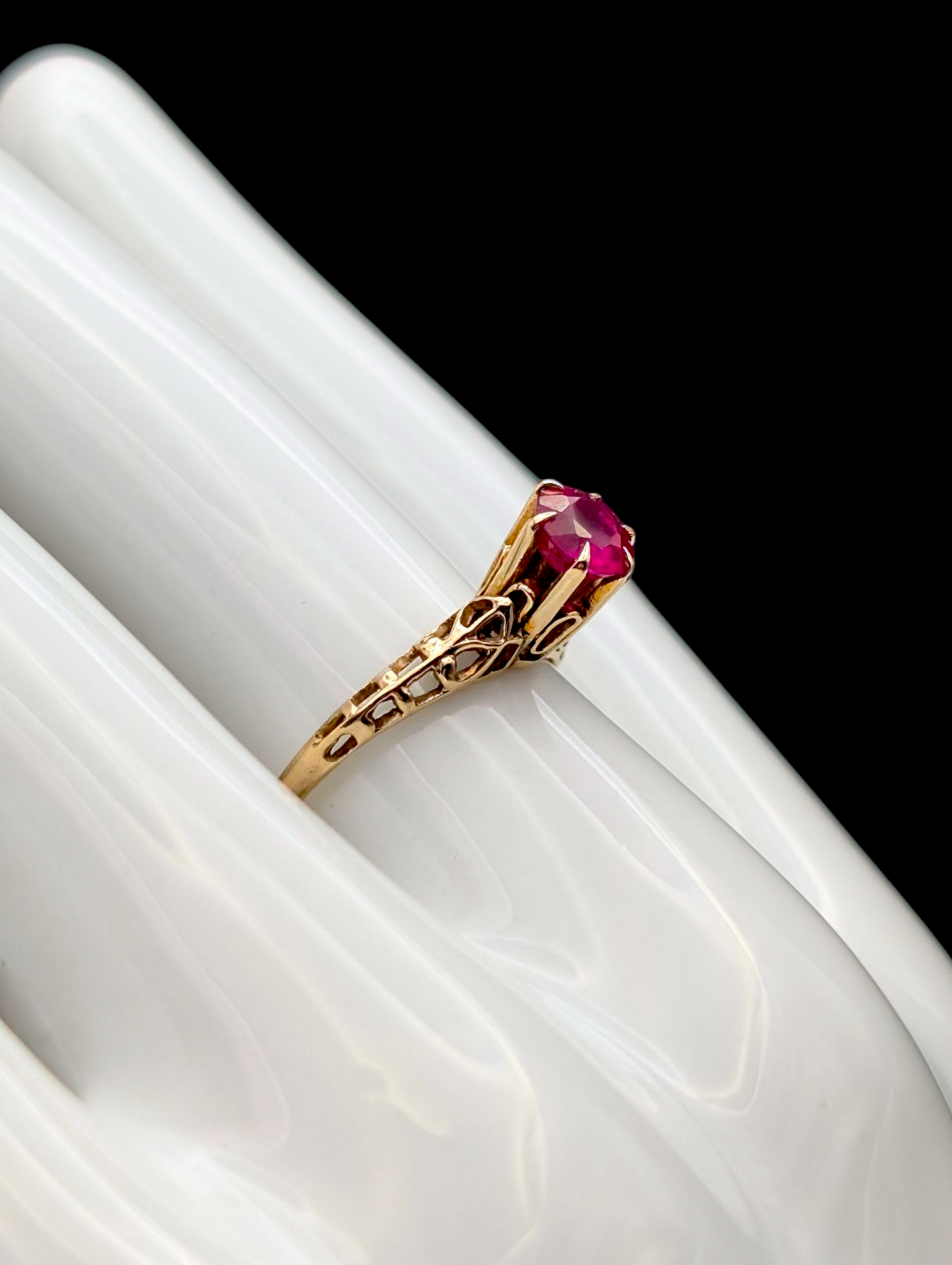 Antique Six Prong High Head Set Round Brilliant Cut Genuine Ruby Solitaire 10k Yellow Solid Gold Filigree Ring