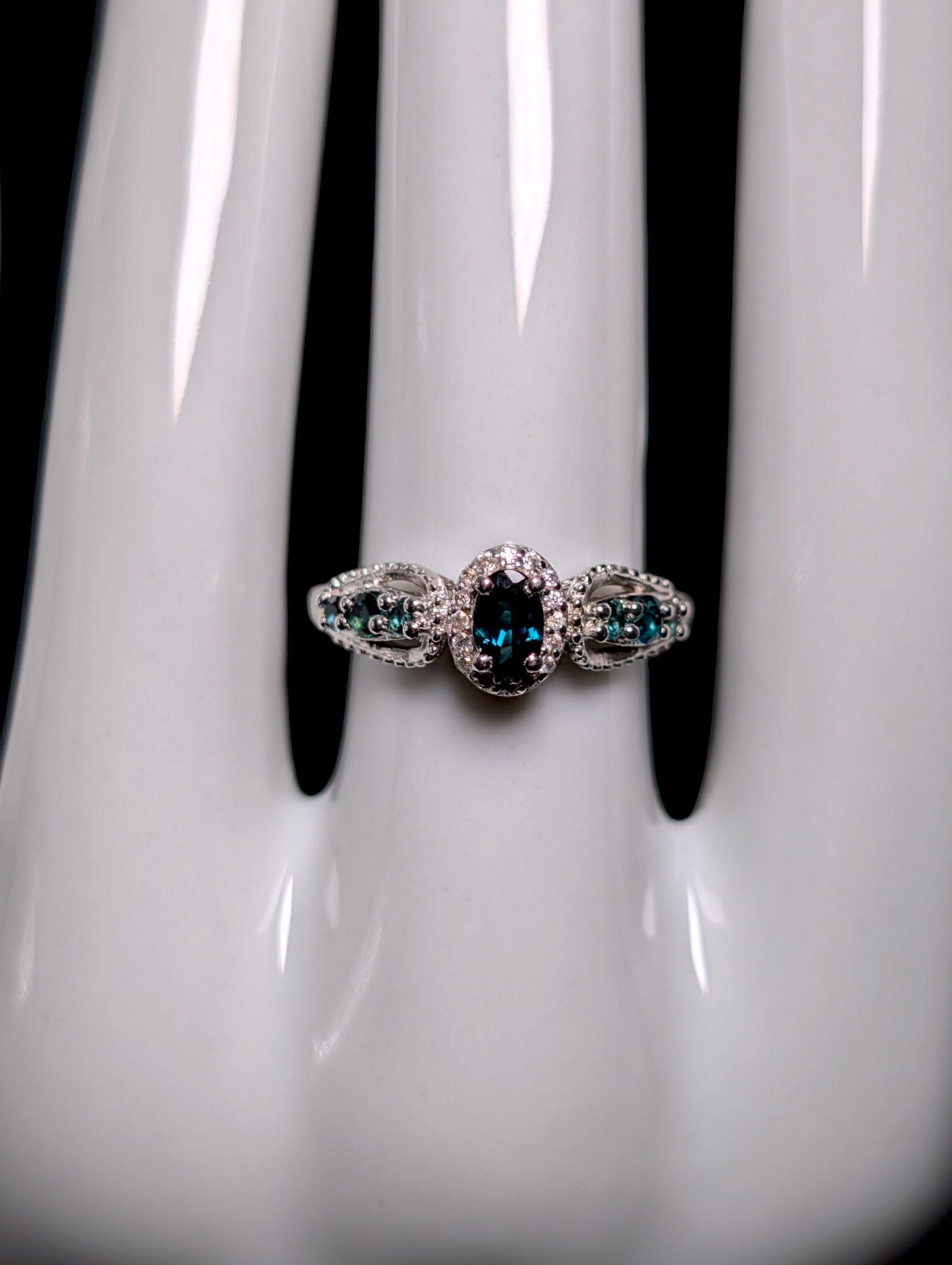 Vintage Dainty Oval Cut Genuine Blue Indicolite Tourmaline Solitaire with White Topaz Halo Sterling Silver Ring