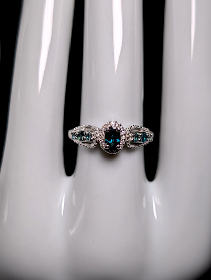 Vintage Dainty Oval Cut Genuine Blue Indicolite Tourmaline Solitaire with White Topaz Halo Sterling Silver Ring