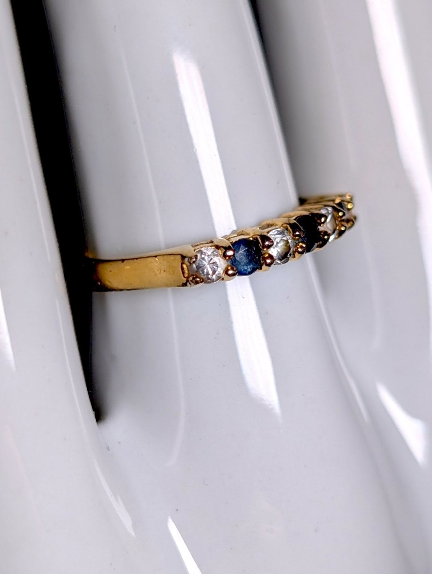 Vintage Genuine Sapphire and Simulated Diamond 18k Yellow Gold over Sterling Band Ring