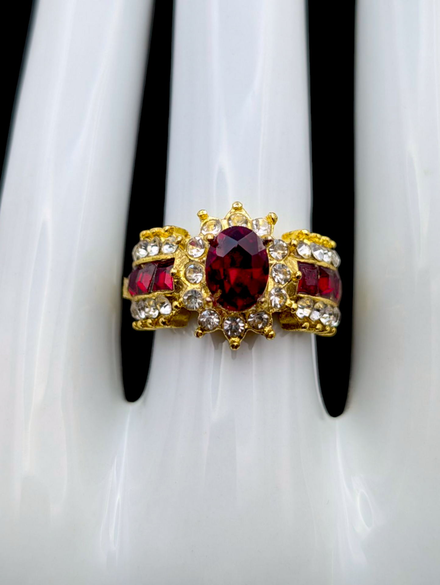 Vintage Dazzling Simulated Red Ruby and Diamond Starburst Halo Gold Toned Statement Ring