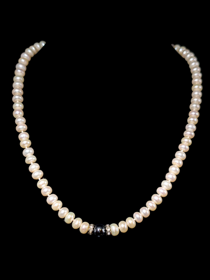 Vintage Hand Knotted Genuine Cultured Freshwater Potato Shaped Pearl and Hematite Sterling Silver Necklace