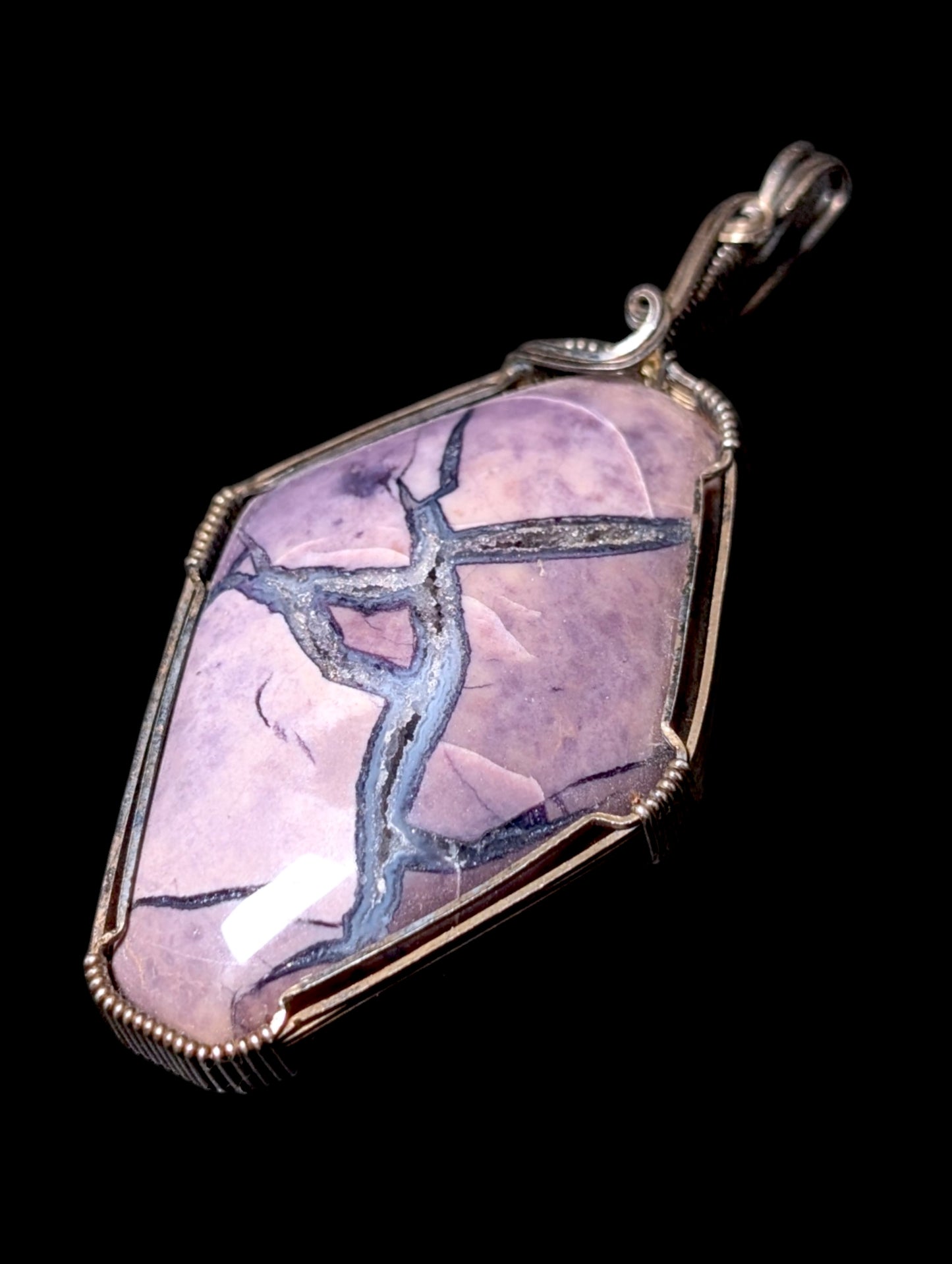 Vintage Handmade Genuine Lavender Jasper Wire Wrapped Sterling Silver Pendant