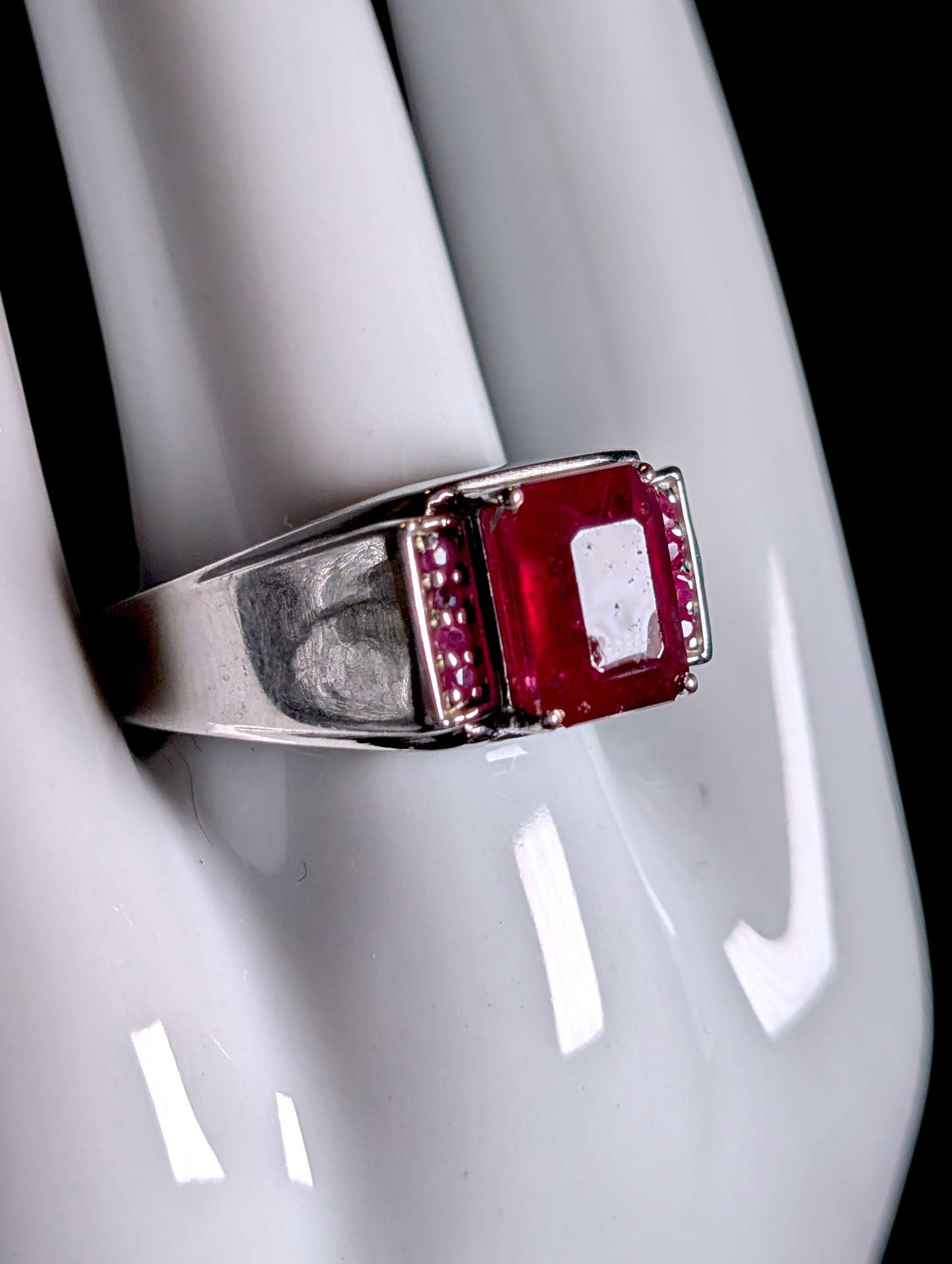 Vintage Emerald Cut Earth Mined Genuine Ruby Solitaire Sterling Silver Men's Ring