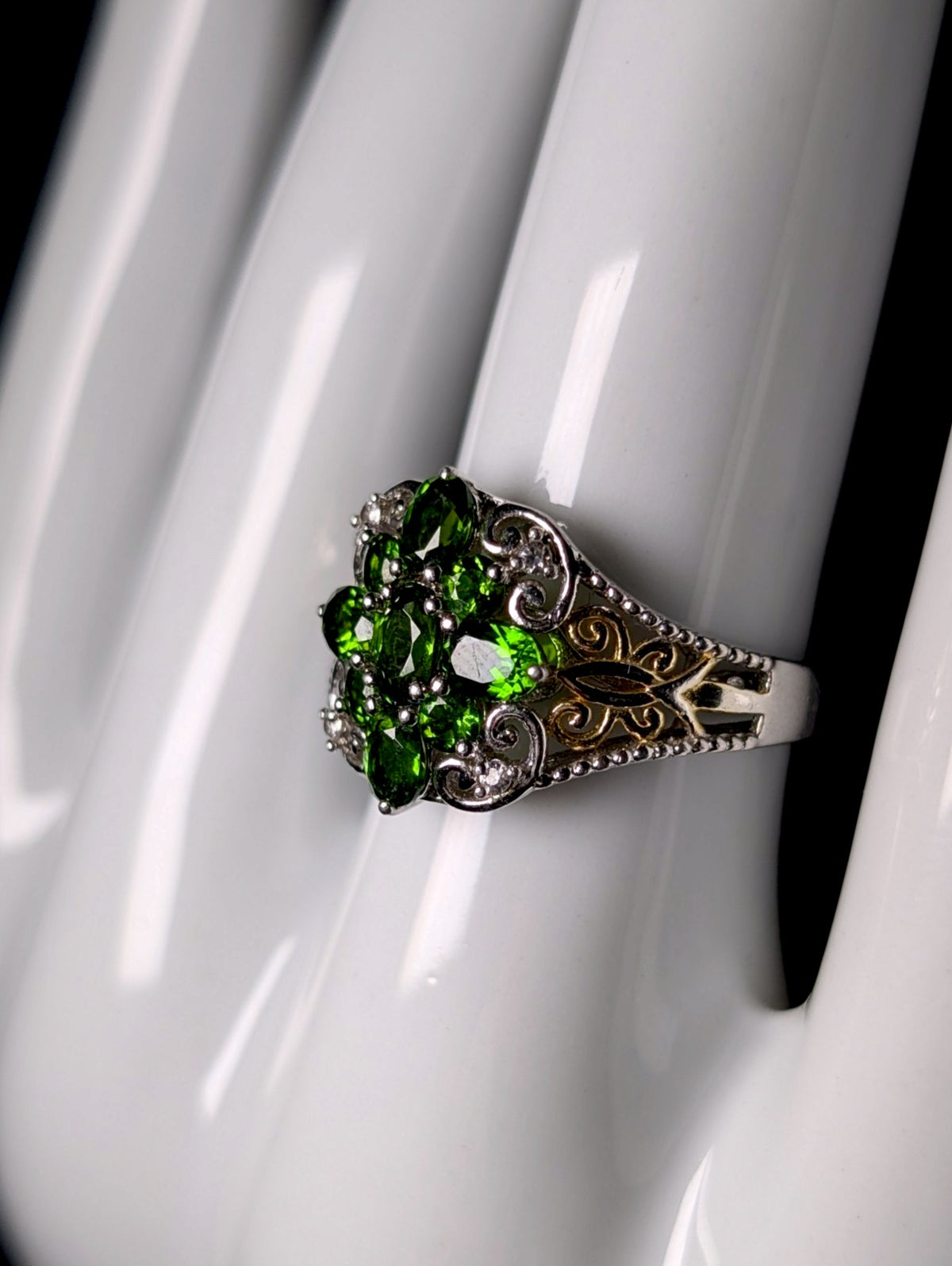 Vintage Genuine Chrome Diopside and White Topaz Sterling Silver and Gold Filigree Ring