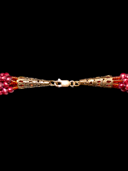 Vintage 3 Piece Set Genuine Cranberry Red Pearls Multi Strand 14k Gold Filled Necklace, Bracelet and Earrings Set