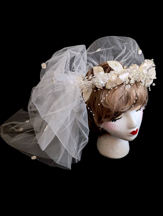1980s Poofy Bow Veil with Romantic Flower Headpiece Crown Decorated with Sequins and Pearls