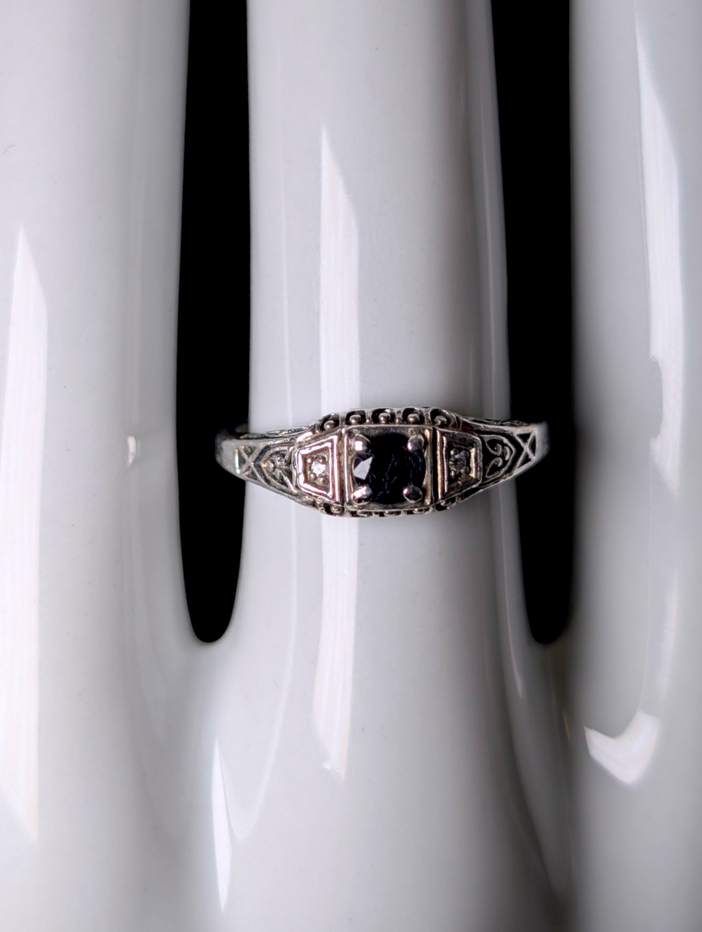 Vintage Edwardian Inspired Round Cut Genuine Blue Sapphire Solitaire with Diamond Accent Stones Sterling Silver Ring