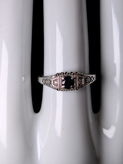 Vintage Edwardian Inspired Round Cut Genuine Blue Sapphire Solitaire with Diamond Accent Stones Sterling Silver Ring