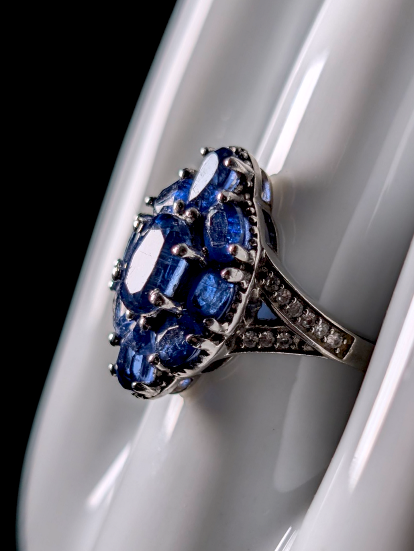 Vintage Cluster Genuine Kashmir Kyanite with White Zircon Accents Cross Over Sterling Silver Ring