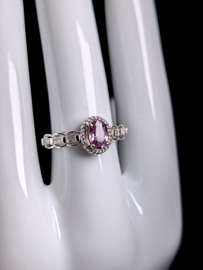 Vintage Elegant Oval Solitaire Genuine Pink Sapphire with White Topaz Accent Stones and Sterling Silver Studded Halo Ring