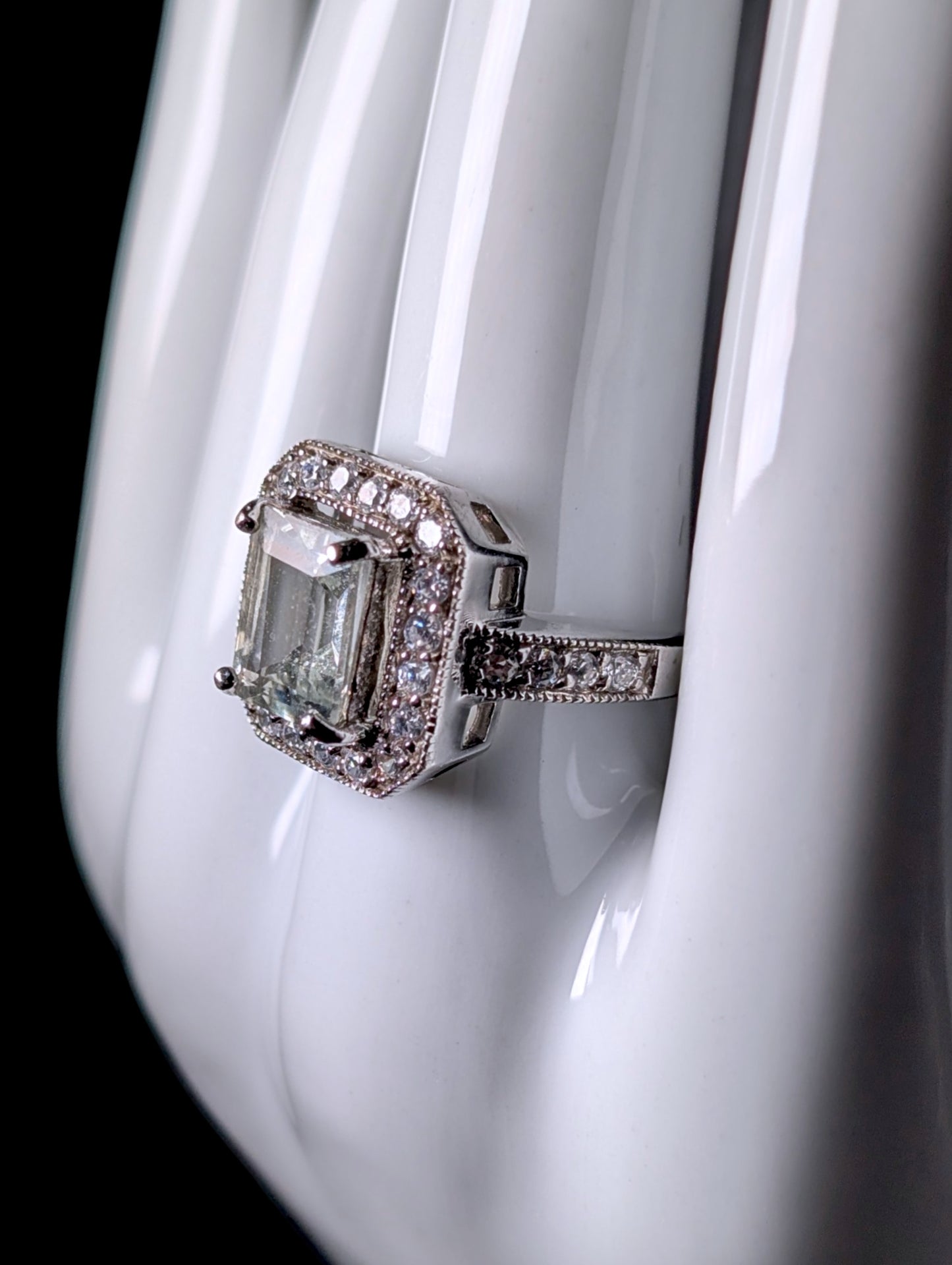 Vintage Radiant Genuine Aquamarine Solitaire with Halo Sterling Silver Ring