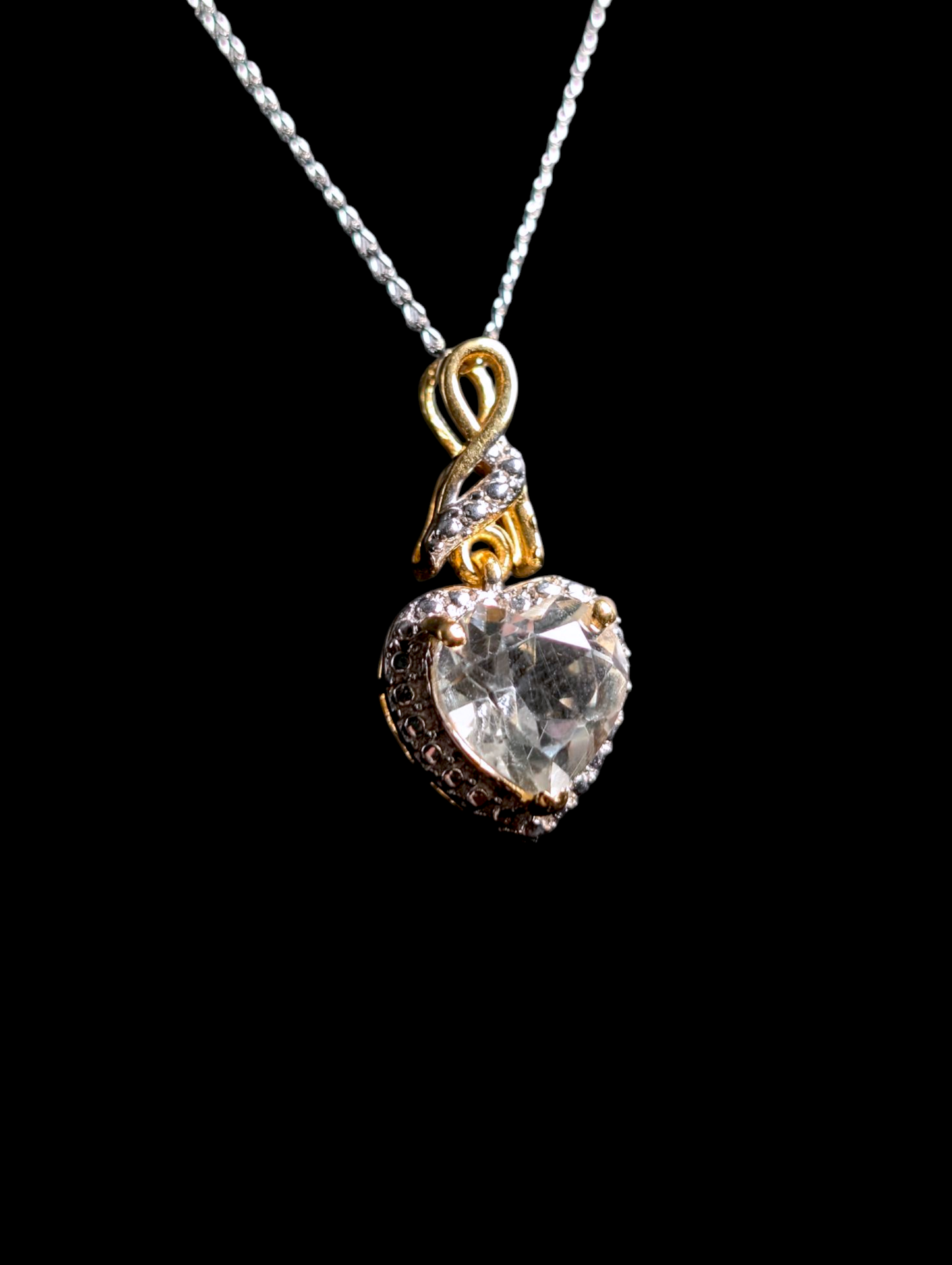 Vintage Heart Cut Genuine White Topaz with Sterling Silver Studded Halo Gold over Silver Pendant