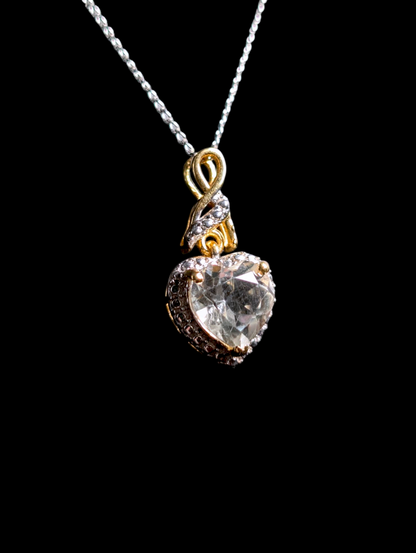 Vintage Heart Cut Genuine White Topaz with Sterling Silver Studded Halo Gold over Silver Pendant