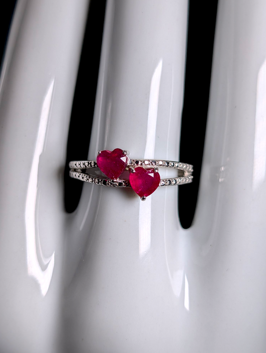 Vintage Double Heart Genuine Ruby Sterling Silver Split Shank Band Ring